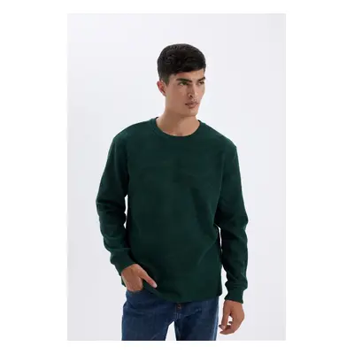 DEFACTO Men's Green Regular Fit Regular Cut Crew Neck Waffle Long Sleeve T-Shirt