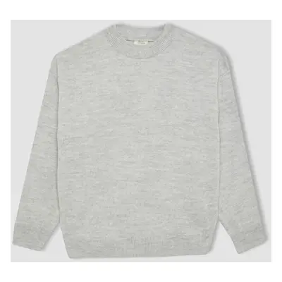 DEFACTO Girl Light Gray Standard Fit Crew Neck Basic Plain Knitwear Sweater