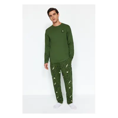 Trendyol Men's Khaki Regular Fit Embroidered Knitted 100% Cotton Pajama Set