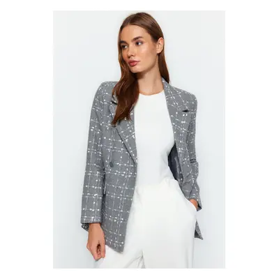 Trendyol Gray Oversize Woven Plaid Blazer Jacket