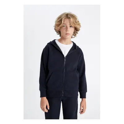 DEFACTO Boy Basic Plain Navy Blue Hooded Zippered School Cardigan