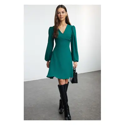 Trendyol Green A-Line Balloon Sleeve Detailed V-Neck Mini Woven Dress