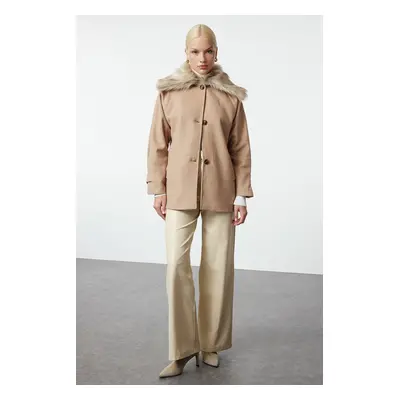 Trendyol Beige Detachable Collar Für Detailed Regular Midi Wool Coat