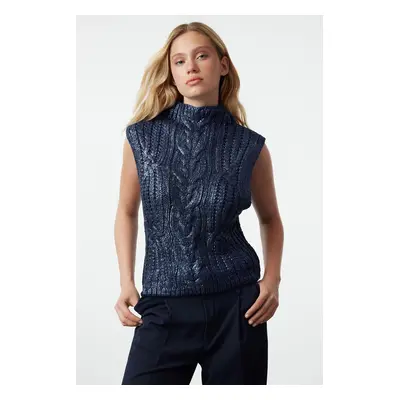 Trendyol Navy Blue Foil Printed Knit Sweater