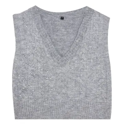 Trendyol Limited Edition Gray Crop Soft Texture Pearl Detailed Hair Knitted Sweater