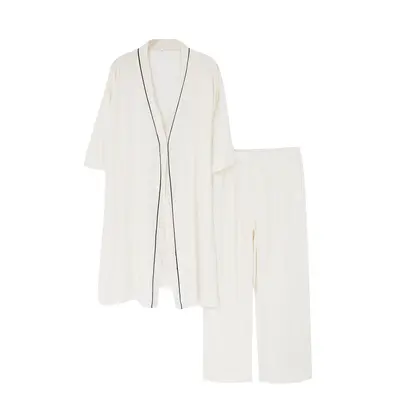 Trendyol Curve Beige 2-Piece Viscose Ribbed Dressing Gown-Pajama Bottoms Woven Pajama Set