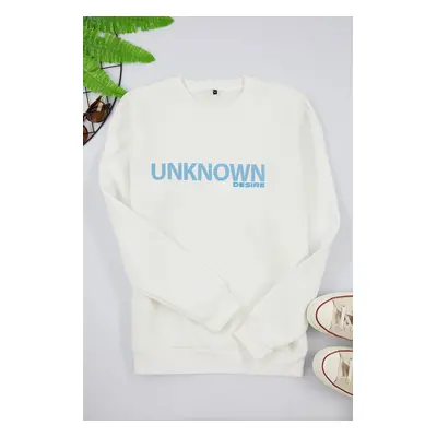 Trendyol Ecru Oversize/Wide Cut Text Printed Crew Neck Sweatshirt with Fleece Inside