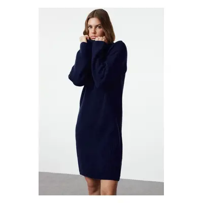 Trendyol Navy Blue Mini Knitwear Stand Collar Soft Textured Sweater Dress