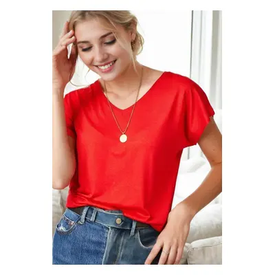 77002 Dewberry V-Neck Basic Women T-Shirt-RED