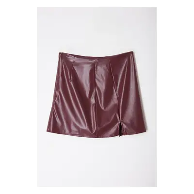 Trendyol Burgundy Faux Leather Slit Woven Mini Skirt