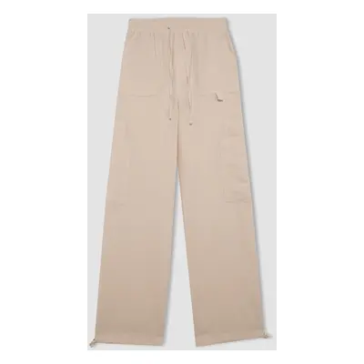 DEFACTO Cool Wide Leg Cargo High Waist Linen Blend Trousers