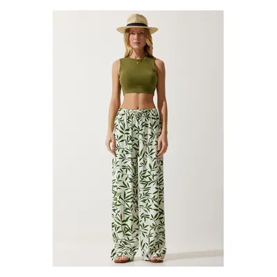 Happiness İstanbul Women's Ecru Green Patterned Flowy Viscose Palazzo Trousers