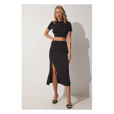 Happiness İstanbul Women's Black Crop Slit Pencil Skirt Suit