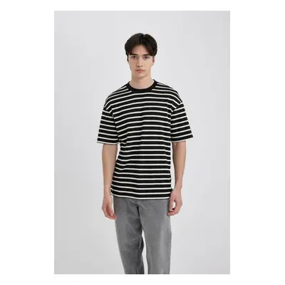 DEFACTO Men's Black Regular Fit Relaxed Cut Crew Neck White Striped Heavy Fabric Short Sleeve T-