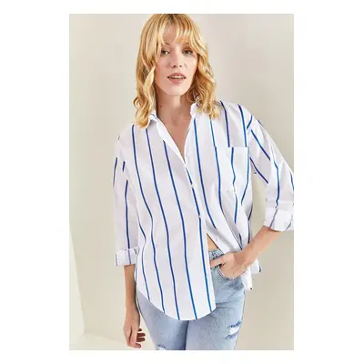 Bianco Lucci Women's Single Pocket Striped Oversize Shirt