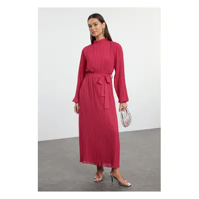 Trendyol Fuchsia Pleated Woven Lined Chiffon Dress