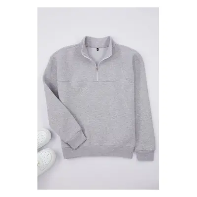 Trendyol Gray Melange Oversize/Wide Cut Stand Collar Zippered Basic Sweatshirt