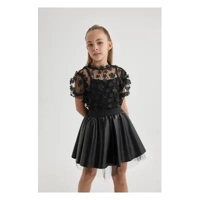 DEFACTO Girl's Patterned Tulle Short Sleeve T-Shirt