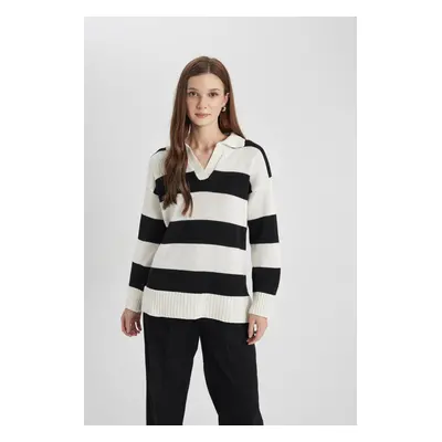 DEFACTO Regular Fit Polo Collar Striped Sweater Tunic