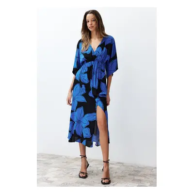 Trendyol Blue Floral Print A-line Double-breasted Collar Midi Woven Dress