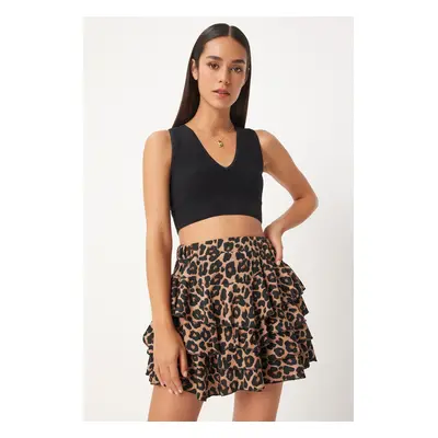 Happiness İstanbul Women's Black Beige Leopard Patterned Mini Knitted Shorts Skirt