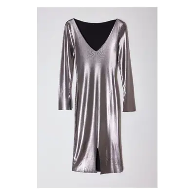 Trendyol Limited Edition Dark Grey Midi Knitwear Foil Printed Dress