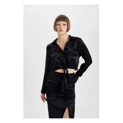 DEFACTO Crop Satin Long Sleeve Shirt