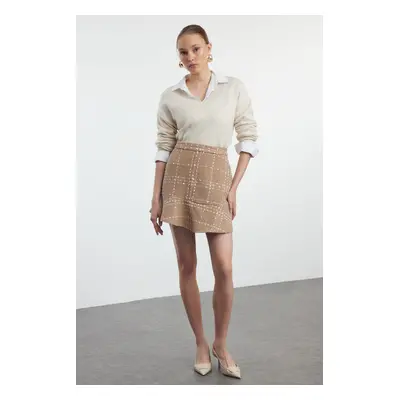 Trendyol Camel Flounce Tweed Fabric Mini Woven Skirt