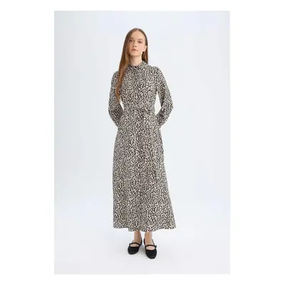 DEFACTO Shirt Collar Leopard Print Button Closure Belted Long Sleeve Maxi Dress