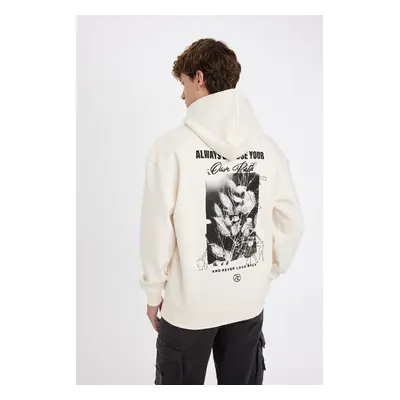 DEFACTO Men's Beige Boxy Fit Hooded Back Printed Sweatshirt