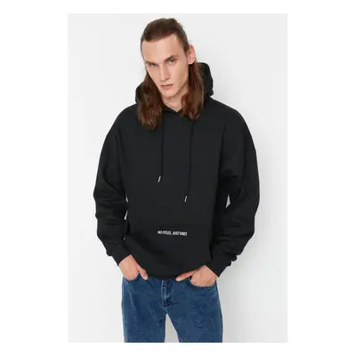 Trendyol Black Oversize/Wide Cut Fit Hooded Text Printed Sweatshirt