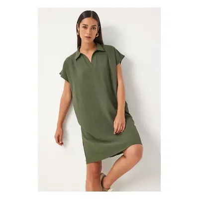 Happiness İstanbul Women's Khaki Polo Neck Summer Loose Linen Ayrobin Dress