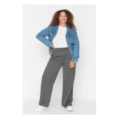 Trendyol Curve Grey High Waist Wide Leg Plus Size Knitted Trousers