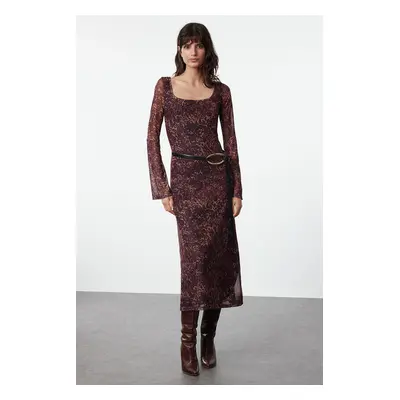 Trendyol Brown Animal Patterned Square Neck Bodycone/Fitting Knitted Dress