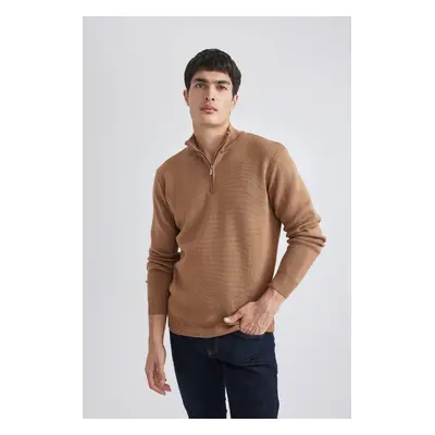 DEFACTO Standard Fit Regular Cut Bato Collar Zippered Basic Plain Knitwear Sweater