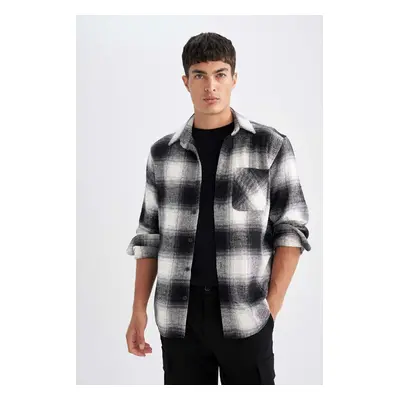 DEFACTO Black Regular Fit Regular Cut Button Down Polo Collar Plaid Lumberjack Flannel Long Slee