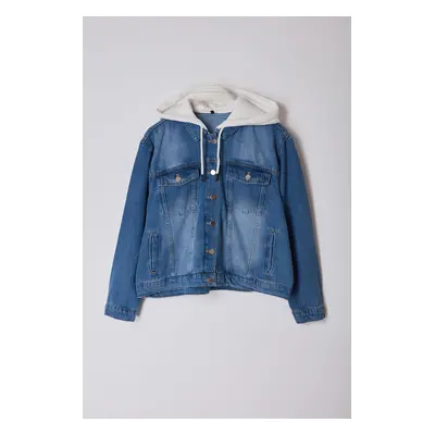 Trendyol Curve Blue Hooded Plus Size Denim Jacket