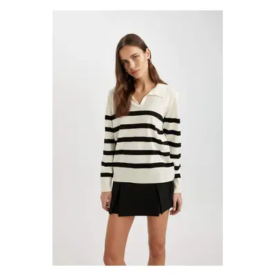 DEFACTO Women's Regular Fit Polo Collar Striped Basic Plain Sweater