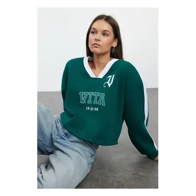 Trendyol Emerald Green Color Blocked Oversize Crop Thick Knitted Sweatshirt