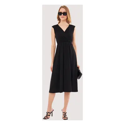 armonika Women's Black Lined Double Breasted Neck Midi Length Dress With Elastic Waist And Shoul