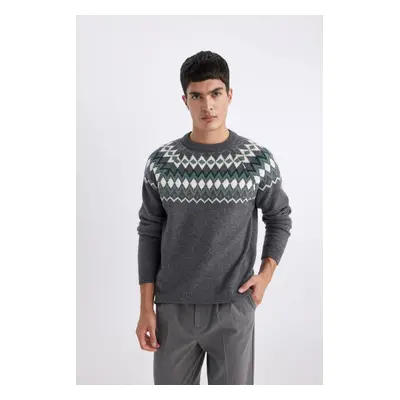 DEFACTO Standard Fit Patterned Crew Neck Sweater