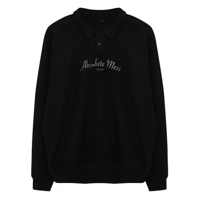 Trendyol Black Oversize/Wide Cut Text Printed Polo Neck Sweathisrt