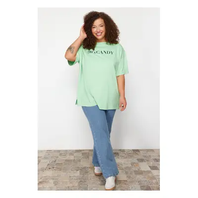 Trendyol Curve Mint Wide Pattern Printed Crew Neck Knitted T-shirt