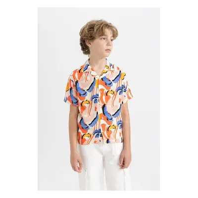 DEFACTO Boy's Oversize Fit Polo Neck Patterned Viscose Short Sleeve Shirt