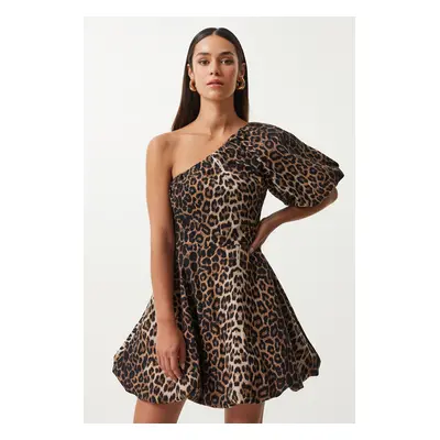 Happiness İstanbul Women's Black Beige Leopard Patterned Balloon Sleeve One-Shoulder Woven Dress