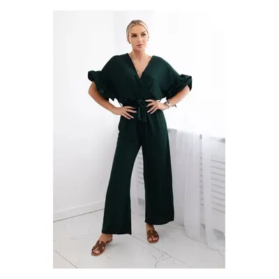 Jumpsuit with a tie at the waist with decorative sleeves in dark green