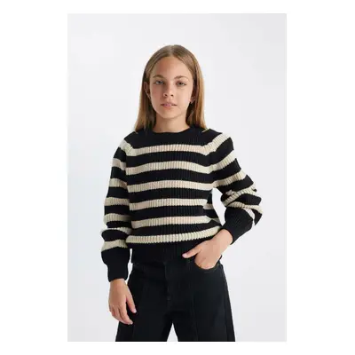 DEFACTO Girls Standard Fit Striped Crew Neck Sweater