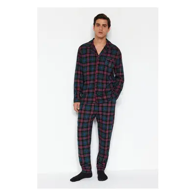 Trendyol Navy Blue Regular Fit Plaid Knitted Pajamas Set