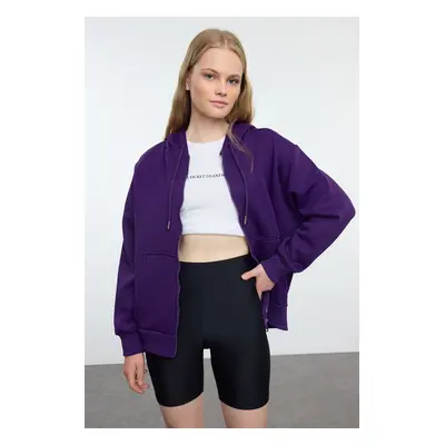 Trendyol Purple Hooded Oversize/Wide Fit Zippered Hooded Thick Fleece Sweatshirt