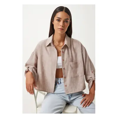 Happiness İstanbul Women's Beige Crop Linen Shirt